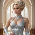 Emma Frost in a sparkling diamond-encrusted costume, her blonde hair styled in an elegant updo, standing in a luxurious mansion