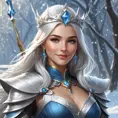 A stunning illustration of Ashe, the Frost Archer, with a regal crown and a gentle smile