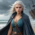 Ciri on a stormy beach, waves crashing around her, her hair and cloak billowing in the wind, her eyes focused on a distant, lightning-struck shipwreck