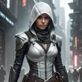 a powerful, enigmatic female Assassin from the Assassin's Creed universe, with a captivating gaze and a sleek, futuristic outfit, in a sci-fi, dystopian setting