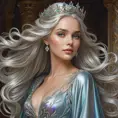 A regal queen in a flowing gown of iridescent silk, her long silver hair adorned with a crown of delicate, twisting vines, her gaze commanding respect and admiration from all who see her.