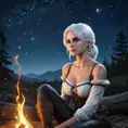 Ciri from The Witcher 3 in a tranquil moment, sitting by a campfire, her white hair softly illuminated by the flames, with a serene, starry night sky above her.