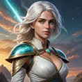 Ciri, the Lady of Time and Space, traversing a vast, otherworldly landscape, her powers manifesting in a dazzling display. Surreal, imaginative, and visually stunning.