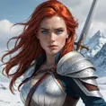 A beautiful woman, reminiscent of Ciri, with fiery red hair and piercing blue eyes, wielding a silver sword, her expression fierce and determined, standing on a snow-covered battlefield