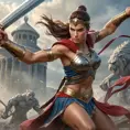 A dramatic action scene of Kassandra, the fierce Spartan warrior, engaged in a brutal battle against a towering mythological creature, her determination and skill shining through.