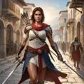 Kassandra, the legendary mercenary of Assassin's Creed, navigating the ancient streets of a bustling Greek city, her Spear of Leonidas gleaming in the sunlight.