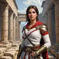 Kassandra, the enigmatic protagonist of Assassin's Creed, standing amidst the ruins of an ancient temple, her gaze fixed on a mysterious artifact hidden within.