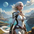 Ciri, the Lady of Time and Space, traversing a vast, otherworldly landscape, her powers manifesting in a dazzling display. Surreal, imaginative, and visually stunning.