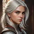 Ciri, the witcher's apprentice, in a moment of quiet reflection, her eyes filled with a sense of purpose and destiny. Atmospheric, introspective, and evocative.