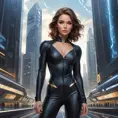 Kitty Pryde in a sleek black jumpsuit, her eyes glowing with telepathic energy, standing in a futuristic cityscape