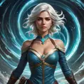 Ciri, the Lady of Time and Space, standing amidst a swirling vortex of energy, her powers on full display. Surreal, ethereal, and visually striking.