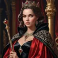 A majestic queen in a dress of deep scarlet, her shoulders draped in a cloak of shimmering black velvet, a scepter of carved ebony in her hand as she stands tall and proud, her eyes reflecting the strength and determination that has made her a formidable ruler.