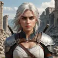 Ciri, the fierce and resilient warrior, standing tall amidst the ruins of a battlefield, her expression one of determination and strength. Gritty, realistic, and cinematic.