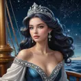 A princess with hair the color of midnight, adorned with a tiara of sea pearls, standing on the deck of a ship sailing through a sea of stars.