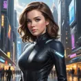 Kitty Pryde in a sleek black jumpsuit, her eyes glowing with telepathic energy, standing in a futuristic cityscape