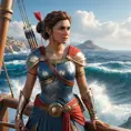 Kassandra from Assassin's Creed Odyssey, standing on the deck of a Greek warship, with the sea waves crashing around her, her armor gleaming under the sun, and her spear ready for the next adventure.