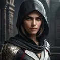 a female Assassin from the Assassin's Creed series, with a striking, angular face and a fierce, resolute expression, in a dark, moody, atmospheric setting