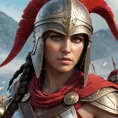 Kassandra from Assassin's Creed Odyssey, in a detailed close-up shot, wearing her helmet with only her intense eyes visible, surrounded by the battlefield's smoke and chaos, capturing the essence of a warrior.