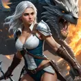 Ciri, the witcher's protégé, locked in a fierce battle with a monstrous foe, her skills and determination on full display. Dynamic, intense, and visceral.