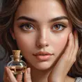 A close-up portrait of a young woman, inspired by Shani, her warm brown eyes filled with kindness, her hands delicately holding a vial of potion, a faint blush on her cheeks