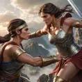 A dramatic action scene of Kassandra, the fierce Spartan warrior, engaged in a brutal battle against a towering mythological creature, her determination and skill shining through.