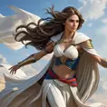 Kassandra, the Misthios of Assassin's Creed, soaring through the air on a magnificent pegasus, her flowing hair and billowing cloak capturing the essence of her unwavering spirit.