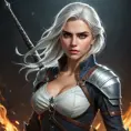 Ciri, the witcher's protégé, locked in a fierce battle with a monstrous foe, her skills and determination on full display. Dynamic, intense, and visceral.