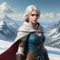 Ciri from The Witcher 3 standing atop a snowy mountain, her cape billowing in the wind, looking out over a vast, icy landscape with a determined expression.