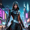 a female Assassin from the Assassin's Creed franchise, with a captivating, enigmatic presence and a sleek, streamlined outfit, in a futuristic, neon-infused cityscape