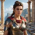 A highly detailed and realistic portrait of Kassandra from Assassin's Creed Odyssey, dressed in her iconic Spartan armor, standing against a backdrop of ancient Greek ruins, with a confident and fierce expression.