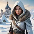 A breathtaking Assassin's Creed woman in a snowy Russian tundra, her attire a blend of fur-lined winter gear and advanced cold-weather assassin technology, with a distant igloo village in the background.