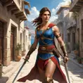 Kassandra, the legendary mercenary of Assassin's Creed, navigating the ancient streets of a bustling Greek city, her Spear of Leonidas gleaming in the sunlight.