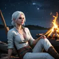 Ciri from The Witcher 3 in a tranquil moment, sitting by a campfire, her white hair softly illuminated by the flames, with a serene, starry night sky above her.