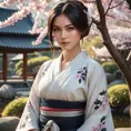 A gorgeous Assassin's Creed woman in a serene Japanese garden, dressed in a traditional kimono with subtle assassin tools hidden within, the scene bathed in the soft light of a cherry blossom festival.