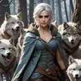 Ciri, the wildling, with a feral look and a torn and tattered cloak, surrounded by wolves