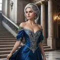 Ciri in a grand, opulent palace hall, dressed in a regal gown of deep blue and silver, her hair styled elegantly, standing before a grand staircase