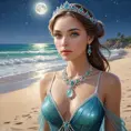 A princess with eyes as deep as the ocean, her necklace made of sea glass, walking on a beach where the sand sparkles like diamonds under a full moon.