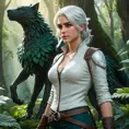 Ciri from The Witcher 3 standing in a lush, enchanted forest, with magical creatures swirling around her, her expression calm yet ready for action.