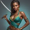 Adéwalé, the Haitian Assassin, as a beautiful woman, with a Caribbean-inspired outfit and a machete