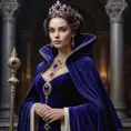 A powerful queen in a dress of shimmering midnight blue, her shoulders draped in a cloak of deep purple velvet, a scepter of carved ivory in her hand as she stands before her loyal subjects.