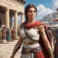 Kassandra from Assassin's Creed Odyssey, in an ancient Greek marketplace, blending into the crowd while keeping a vigilant eye, her posture relaxed but ready to spring into action, capturing the essence of a skilled mercenary.