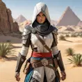 Visualize a beautiful Assassin's Creed character in a desert oasis, her attire reflecting both the nomadic styles of the region and advanced stealth technology, with a mirage shimmering in the distance.