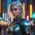 Ciri in a bustling, futuristic cityscape at dusk, neon lights reflecting off her armor, her face illuminated by the glow of a digital map floating in front of her