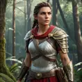 A cinematic shot of Kassandra from Assassin's Creed Odyssey, emerging from a dense forest with a determined look, her armor slightly weathered, and her weapons ready for combat, showcasing the wilderness around her.