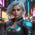 Ciri in a bustling, futuristic cityscape at dusk, neon lights reflecting off her armor, her face illuminated by the glow of a digital map floating in front of her