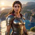 Kassandra from Assassin's Creed Odyssey, overlooking a breathtaking sunset on a Greek island, with her armor reflecting the warm light, her hair flowing in the wind, capturing a moment of calm and strength.