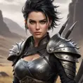 A fierce and beautiful warrior, inspired by the Nilfgaardian army, with short, spiky black hair and piercing brown eyes, standing in a battle-ready pose