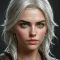 A stunning portrait of Ciri from The Witcher 3, her piercing green eyes and fierce expression commanding attention. Detailed, hyperrealistic, cinematic lighting.