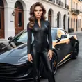 A2 in a sleek black bodysuit, leaning against a sleek sports car