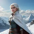 Ciri from The Witcher 3 standing atop a snowy mountain, her cape billowing in the wind, looking out over a vast, icy landscape with a determined expression.